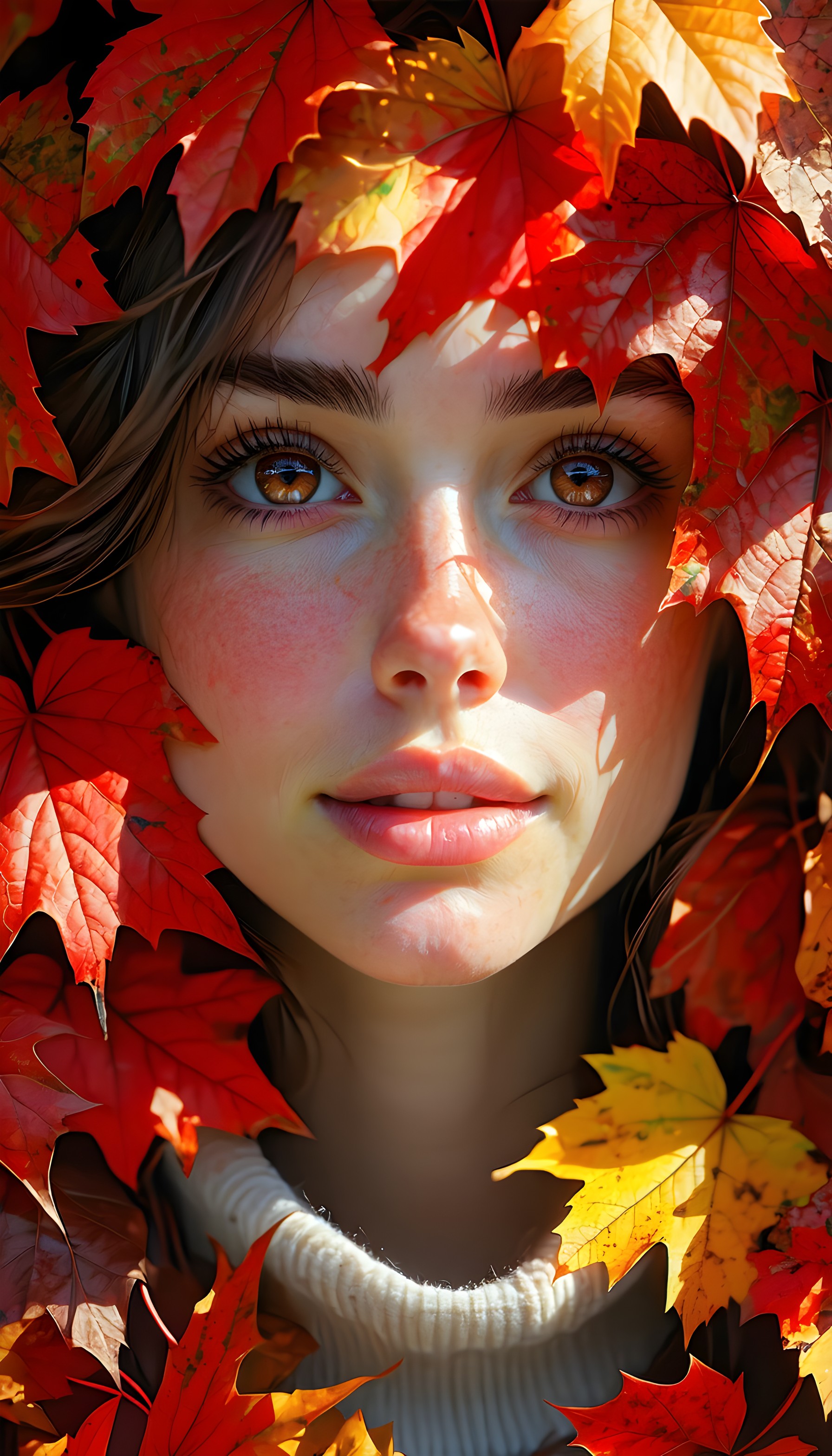 Vibrant Autumn Portrait with Fall Leaves, autumn, fall leaves, portrait, aesthetic, warm, vibrant