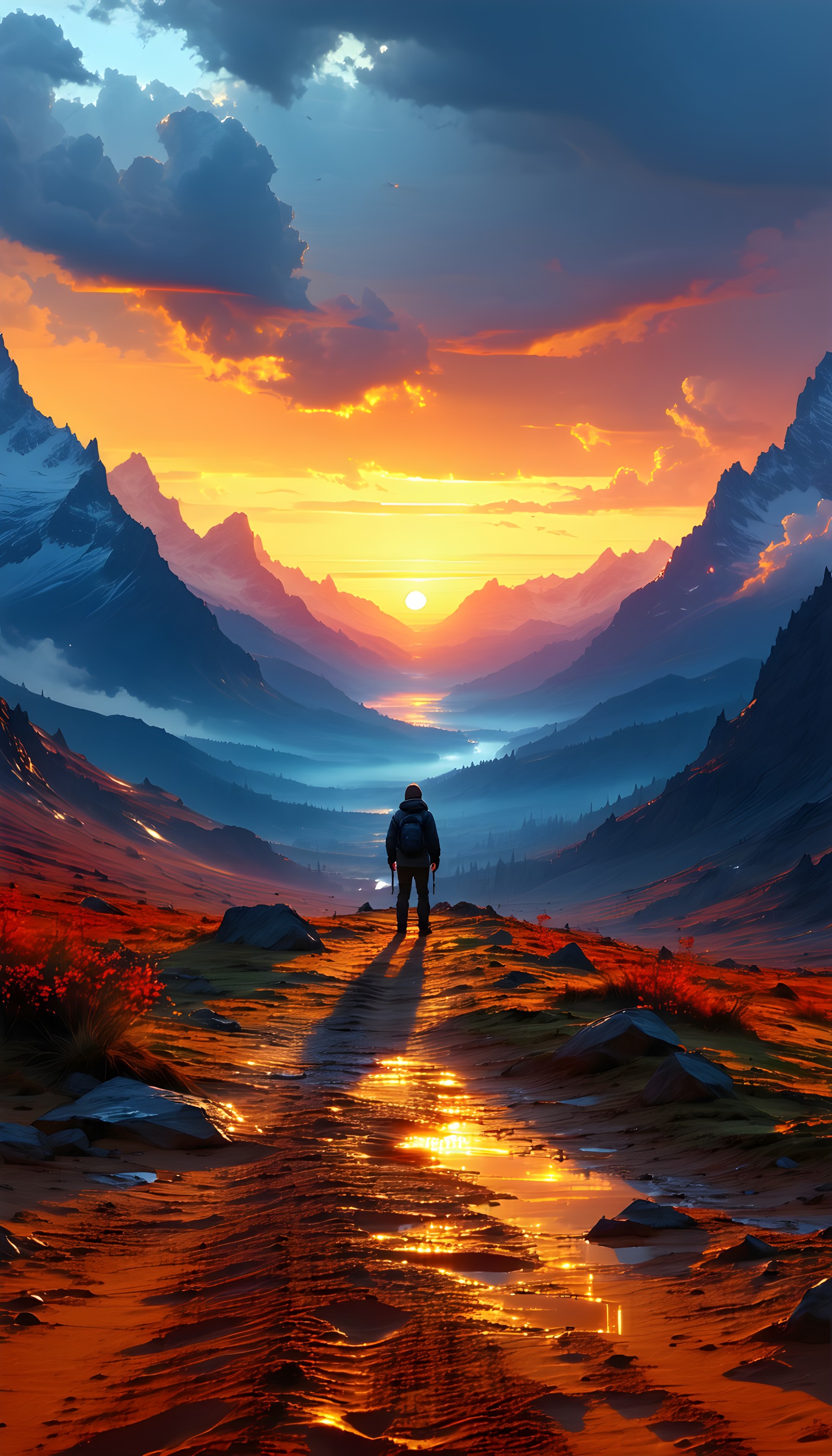 Epic Mountain Sunset Path: Traveler's Golden Hour View, sunset, mountains, traveler, adventure, epic landscape, golden hour
