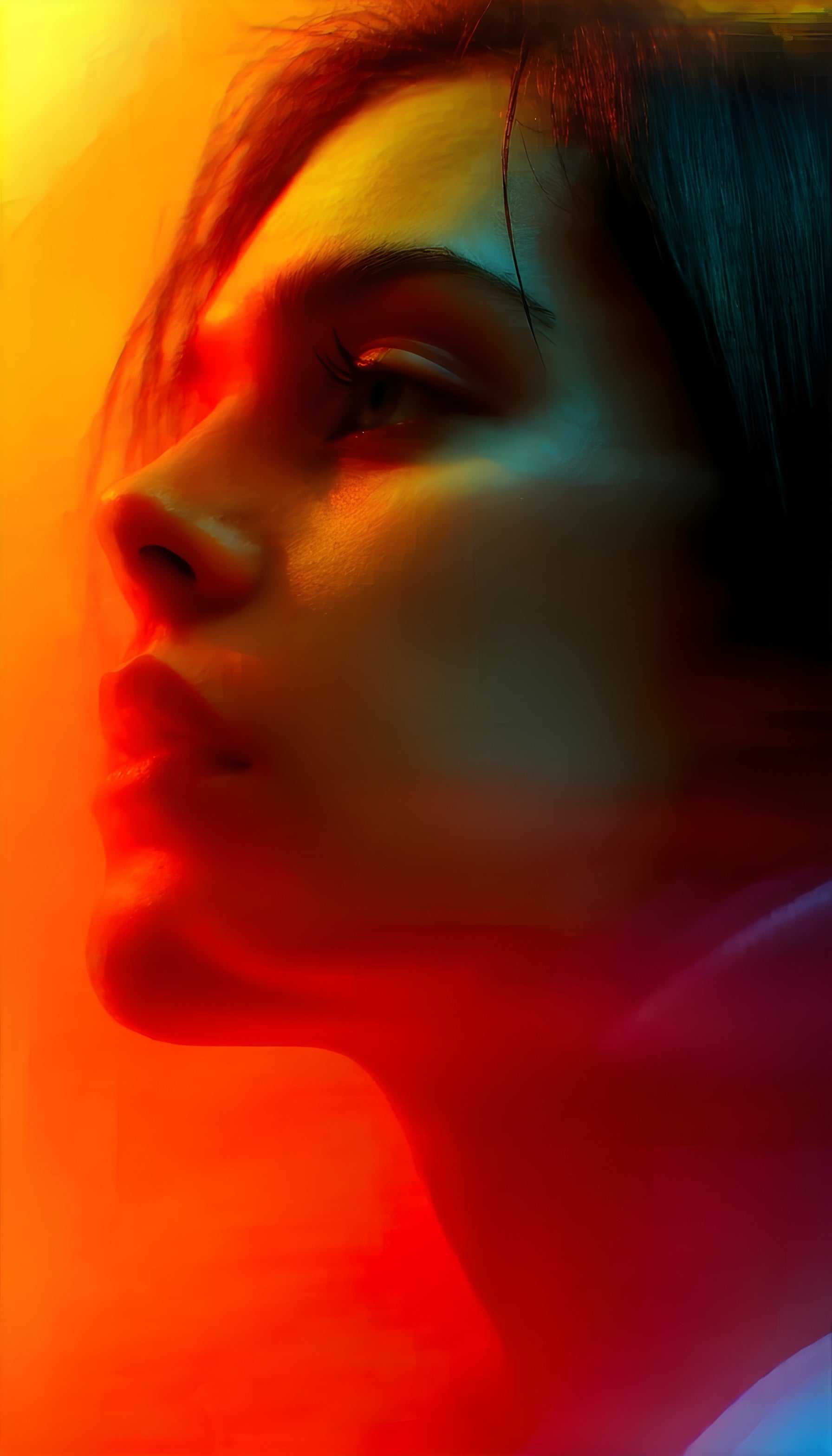 Vibrant Abstract Portrait with Bold Color Lighting, abstract portrait, colorful lighting, artistic, vibrant, moody, dramatic