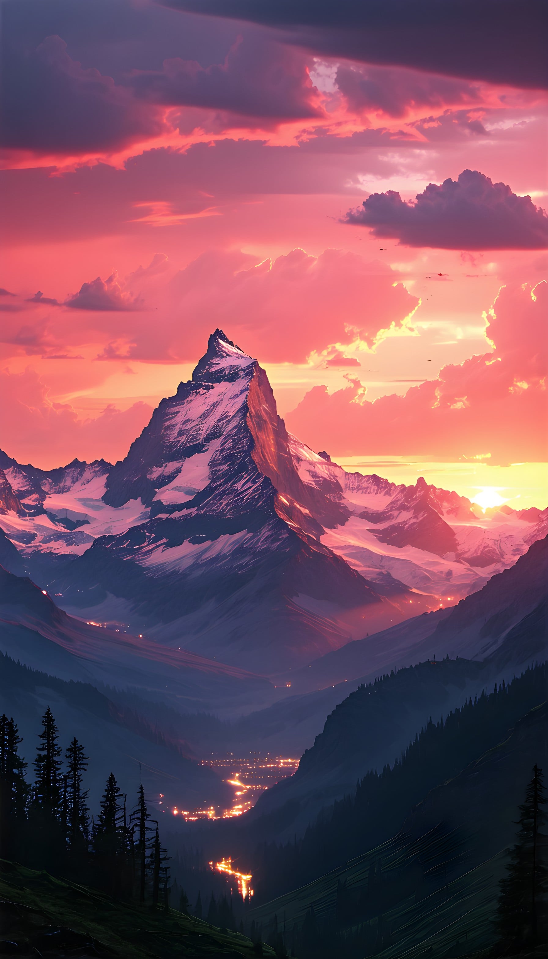 Epic Mountain Sunset Valley with Pink Sky Wallpaper, mountain, sunset, alpine landscape, pink sky, valley lights, snowy peak