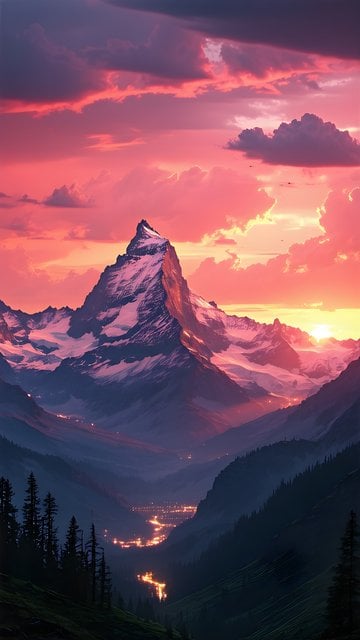 Epic Mountain Sunset Valley with Pink Sky Wallpaper