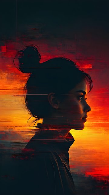 Vibrant Glitch Art Portrait: Fiery Sunset Silhouette