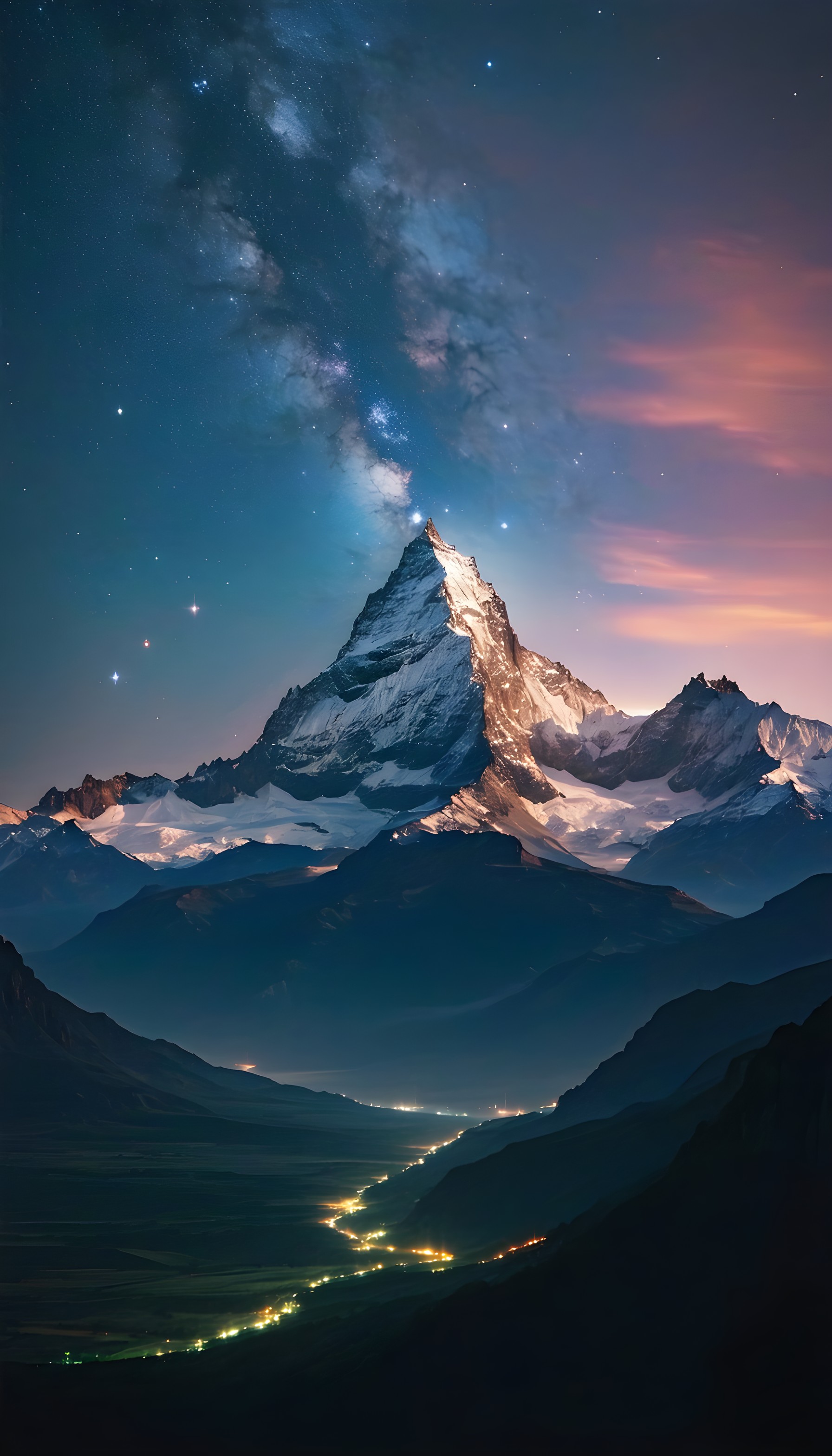 Majestic Mountain Milky Way Valley Lights Wallpaper, mountain, milky way, night sky, stars, landscape, valley lights