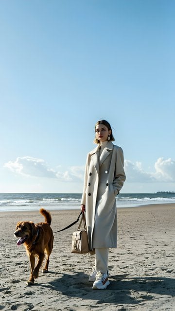 Stylish Woman & Dog Walk on Sunny Beach Ocean
