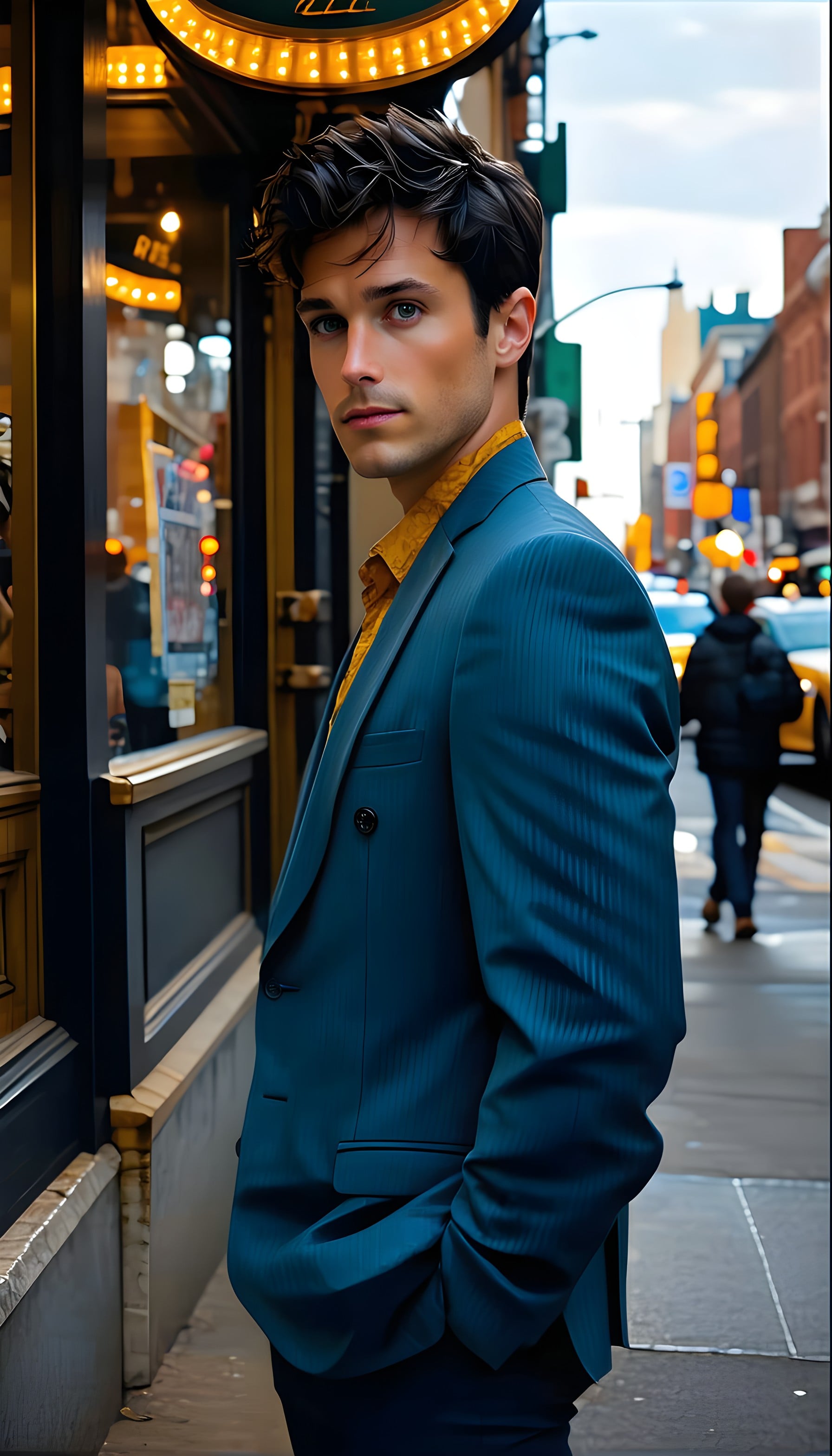 Stylish Man in Teal Suit on City Street Wallpaper, stylish man, gentleman, teal suit, city street, urban fashion, gold shirt