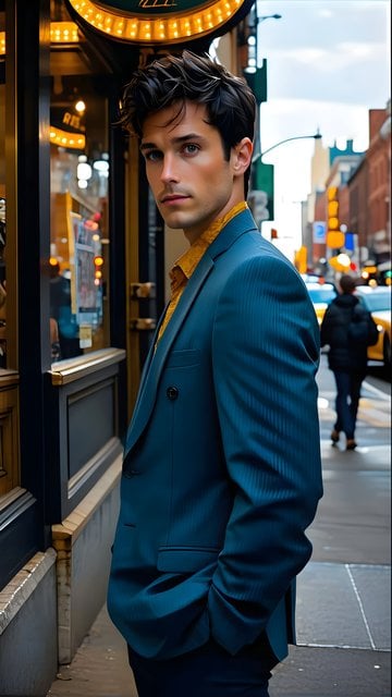 Stylish Man in Teal Suit on City Street Wallpaper