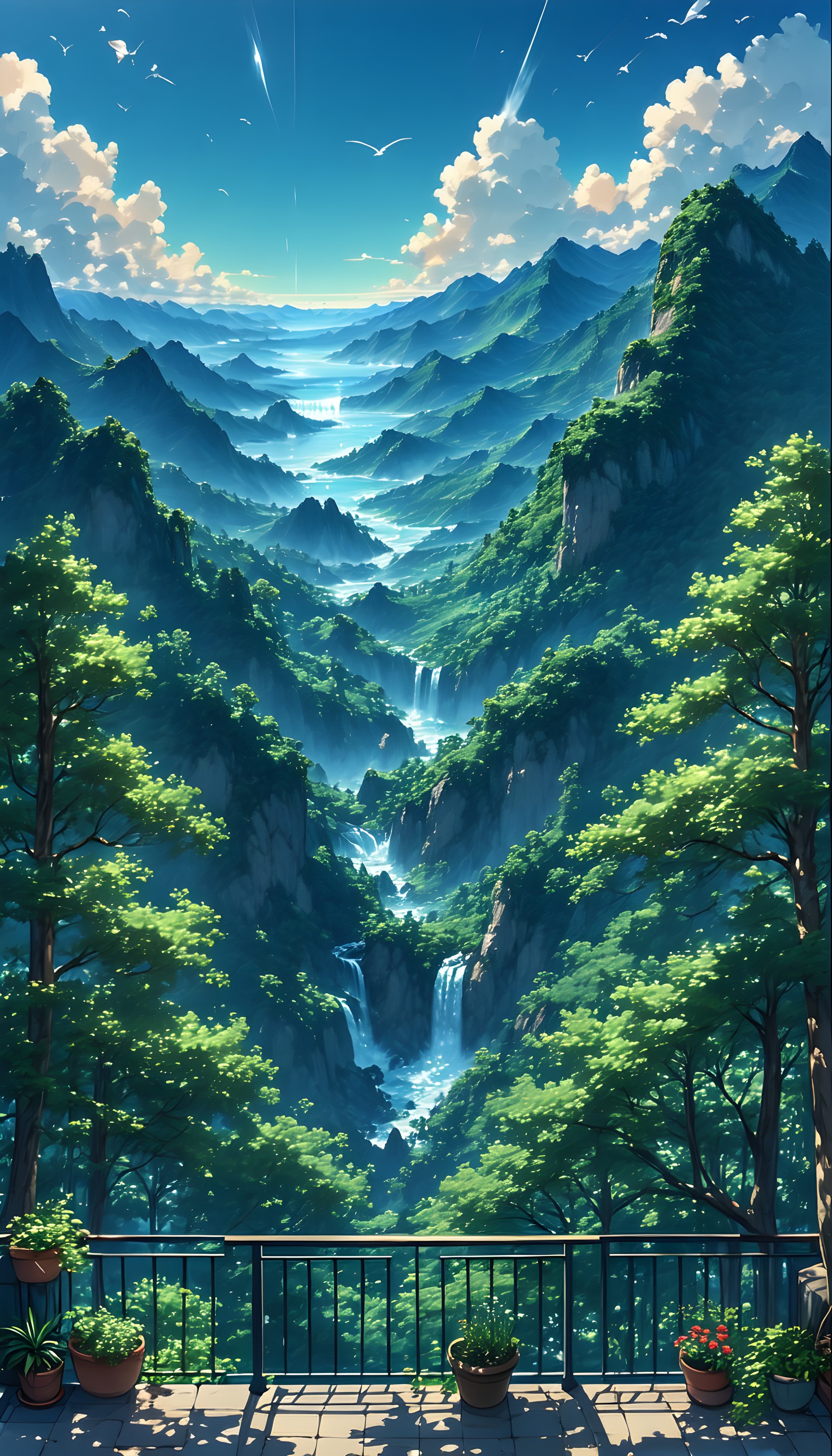 Vibrant Anime Mountain Valley & Waterfalls View, mountain valley, waterfalls, lush forest, anime art, nature wallpaper, serene landscape