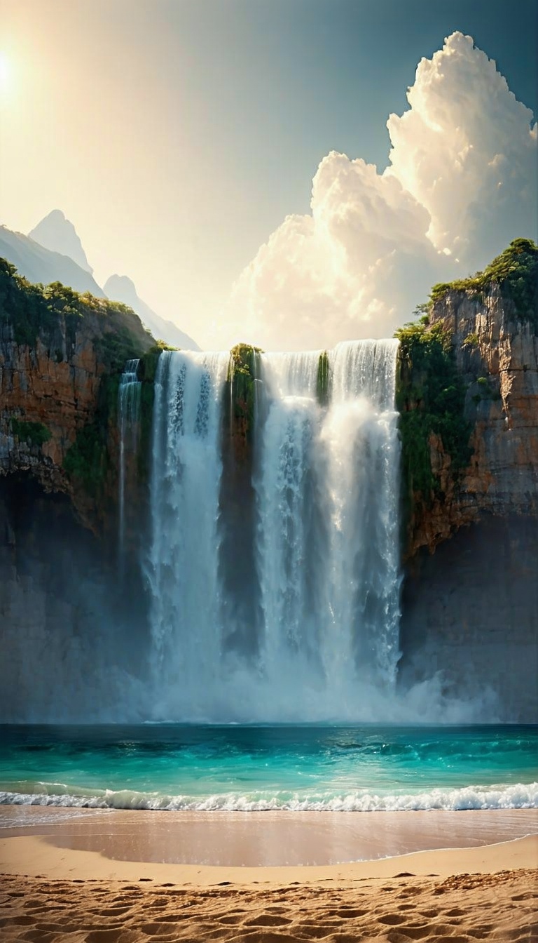 절벽 위 폭포와 아름다운 해변, 폭포, waterfall, 해변, beach, 자연, nature