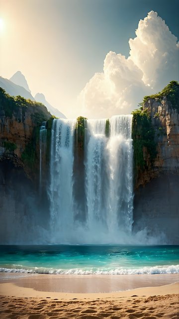 Majestic Tropical Waterfall Beach Mobile Wallpaper