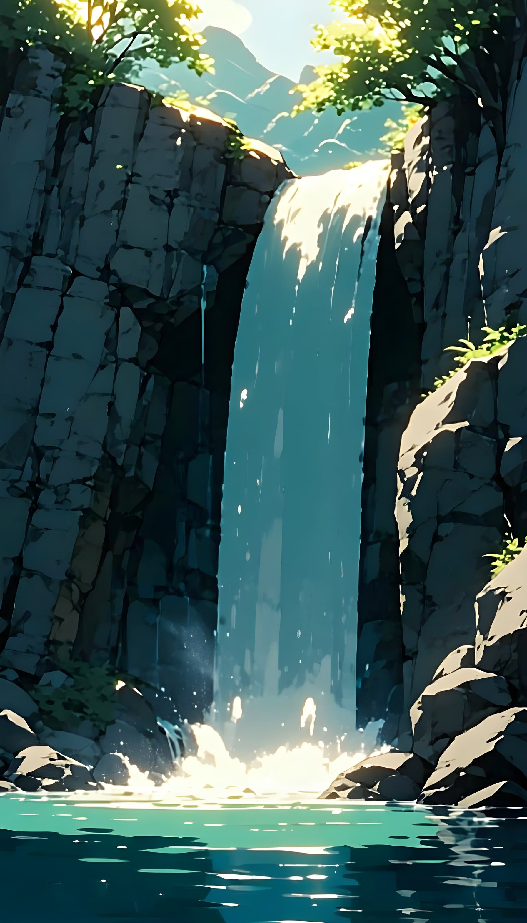 Tranquil Anime Waterfall Cascade Mobile Wallpaper, waterfall, anime style, digital art, tranquil, nature, mobile wallpaper