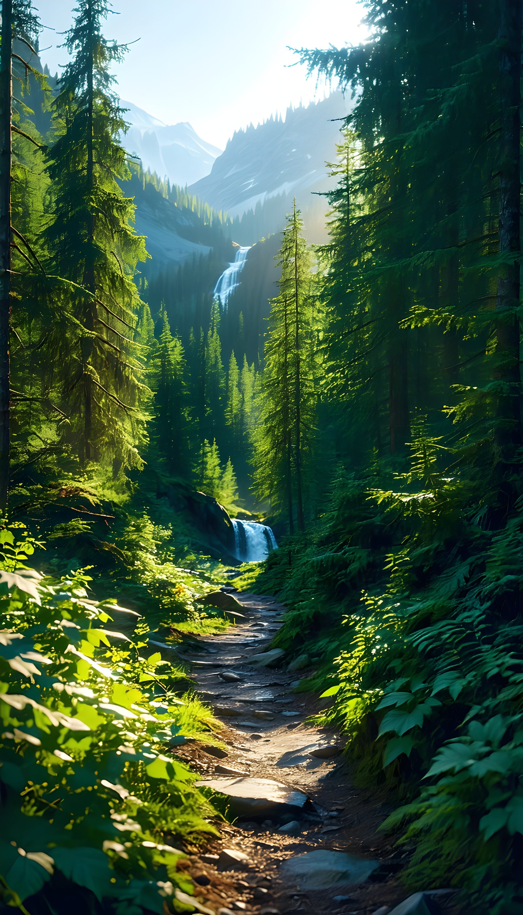 Sunlit Forest Path and Waterfall Mobile Wallpaper, forest, waterfall, nature, mountain, trail, trees