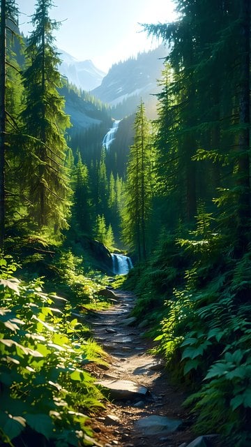 Sunlit Forest Path and Waterfall Mobile Wallpaper