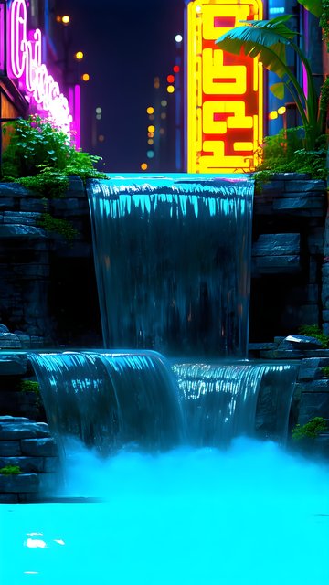 Neon Cyberpunk Waterfall City Night Wallpaper