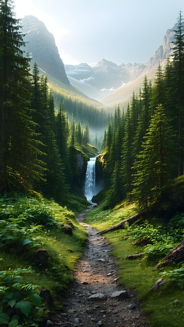 Misty Forest Waterfall Path: Serene Mountain Valley View
