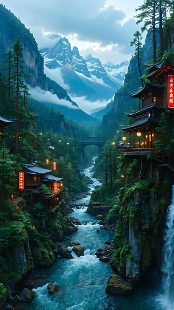 Serene Asian Mountain River Valley Wallpaper with Lanterns