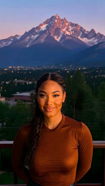 Woman, Alpenglow Mountain & City Lights at Dusk