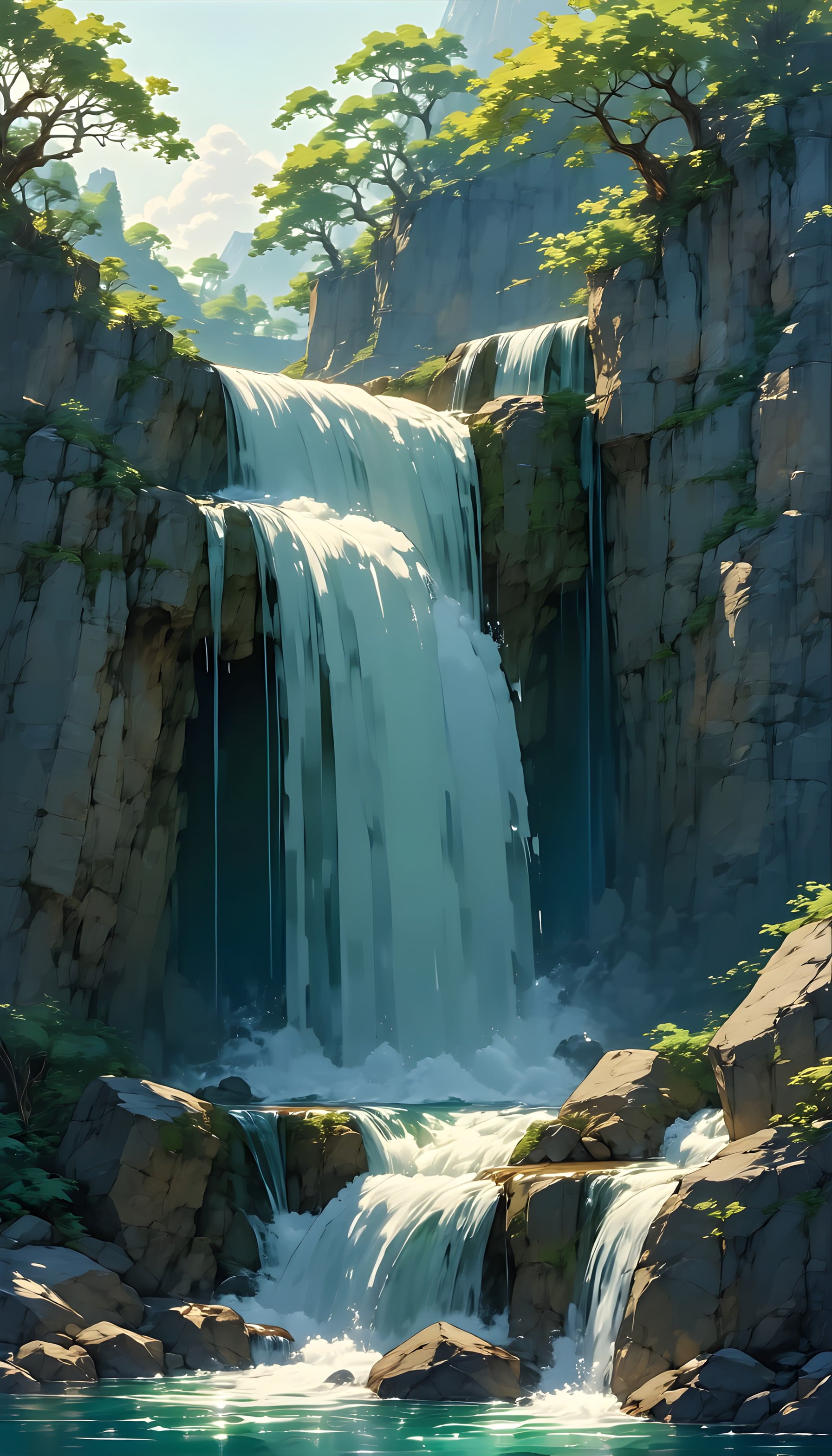 Majestic Tiered Waterfall Nature Scene Wallpaper, waterfall, nature, landscape, serene, cliffs, trees