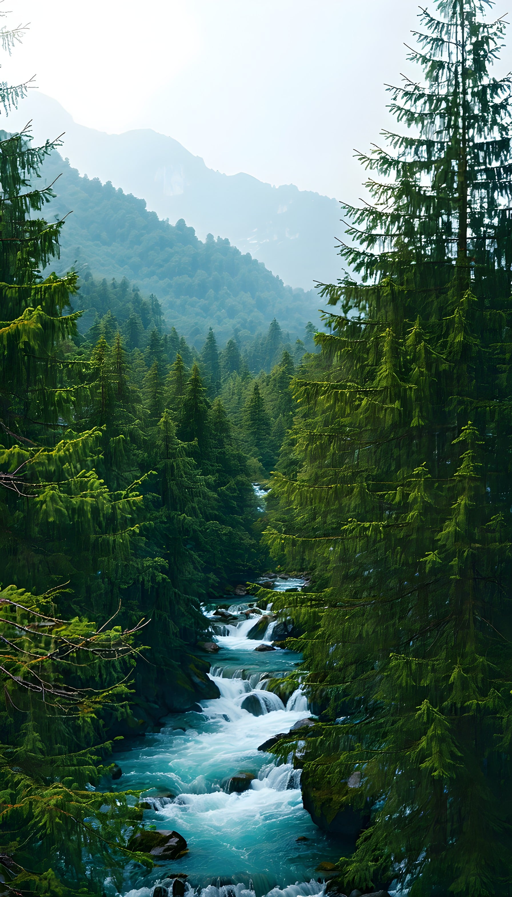 Misty Mountain River in Lush Pine Forest Wallpaper, mountain, river, forest, nature, landscape, serene