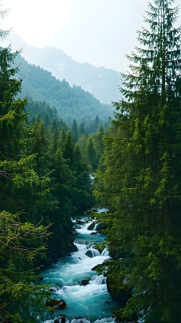 Misty Mountain River in Lush Pine Forest Wallpaper