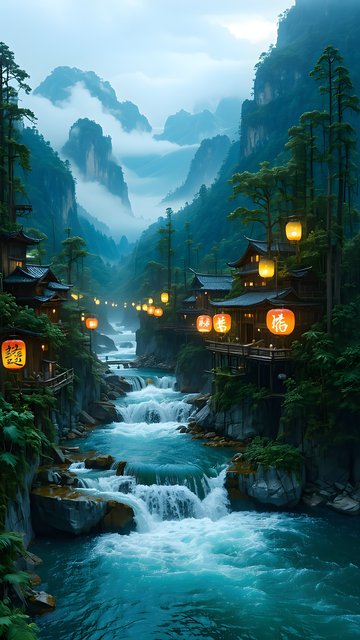 Enchanted Japanese River Valley with Lanterns