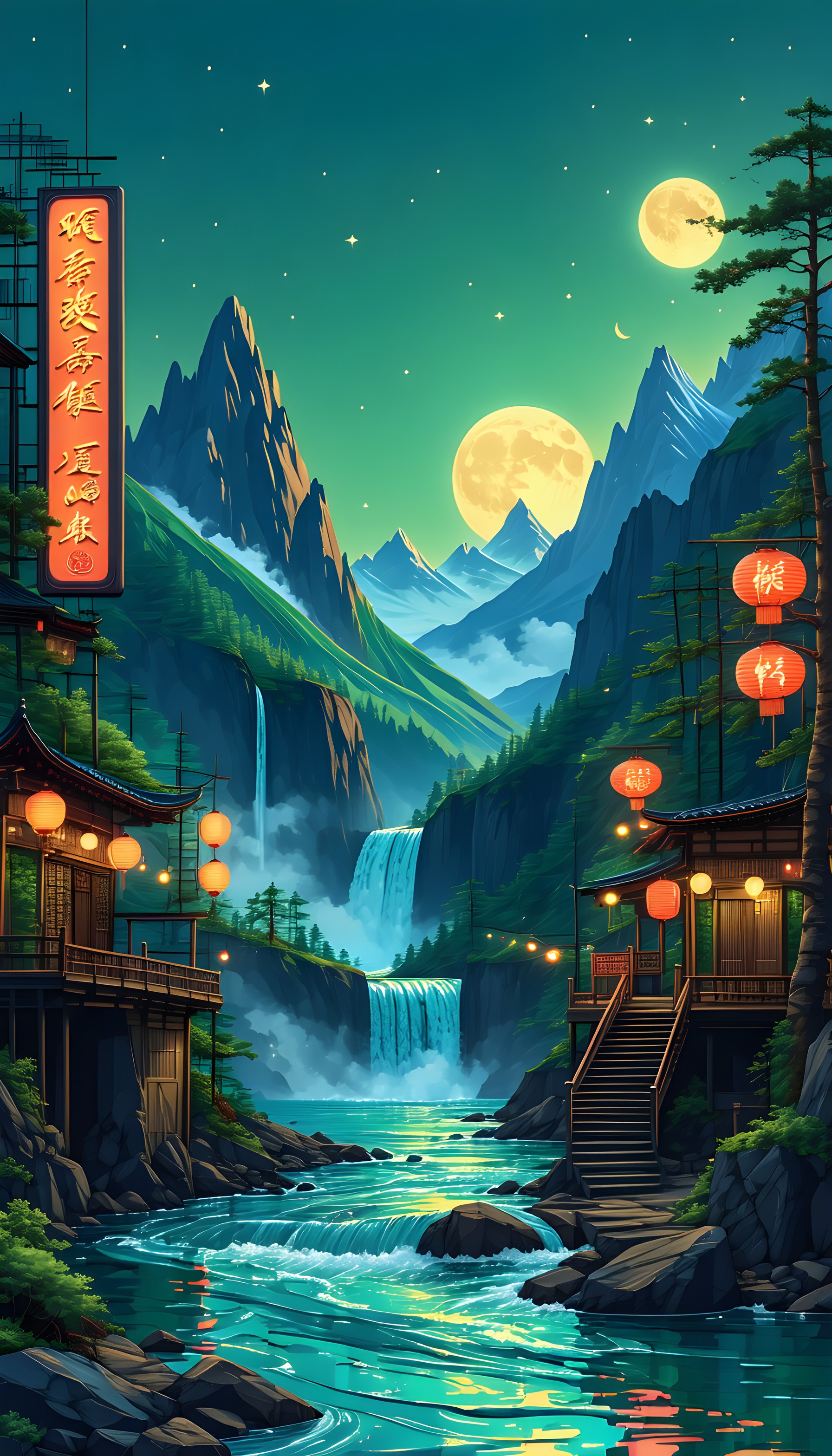 Mystical Asian Waterfall Valley at Moonlit Night, asian landscape, waterfall, moonlit night, fantasy art, anime style, japanese aesthetic