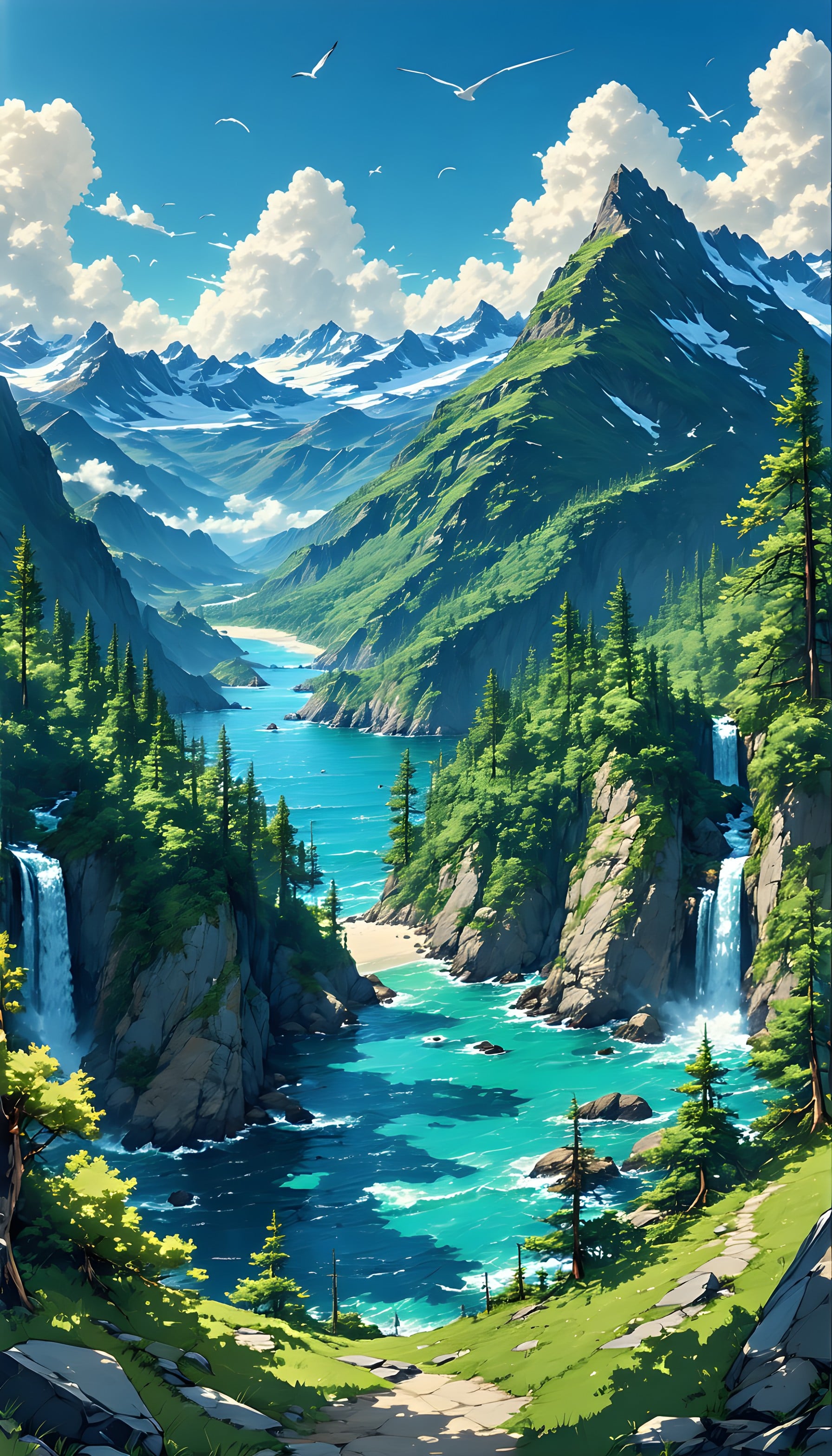 Majestic Mountain Valley Turquoise Waterfalls, mountain valley, turquoise river, waterfalls, lush forest, nature landscape, blue sky