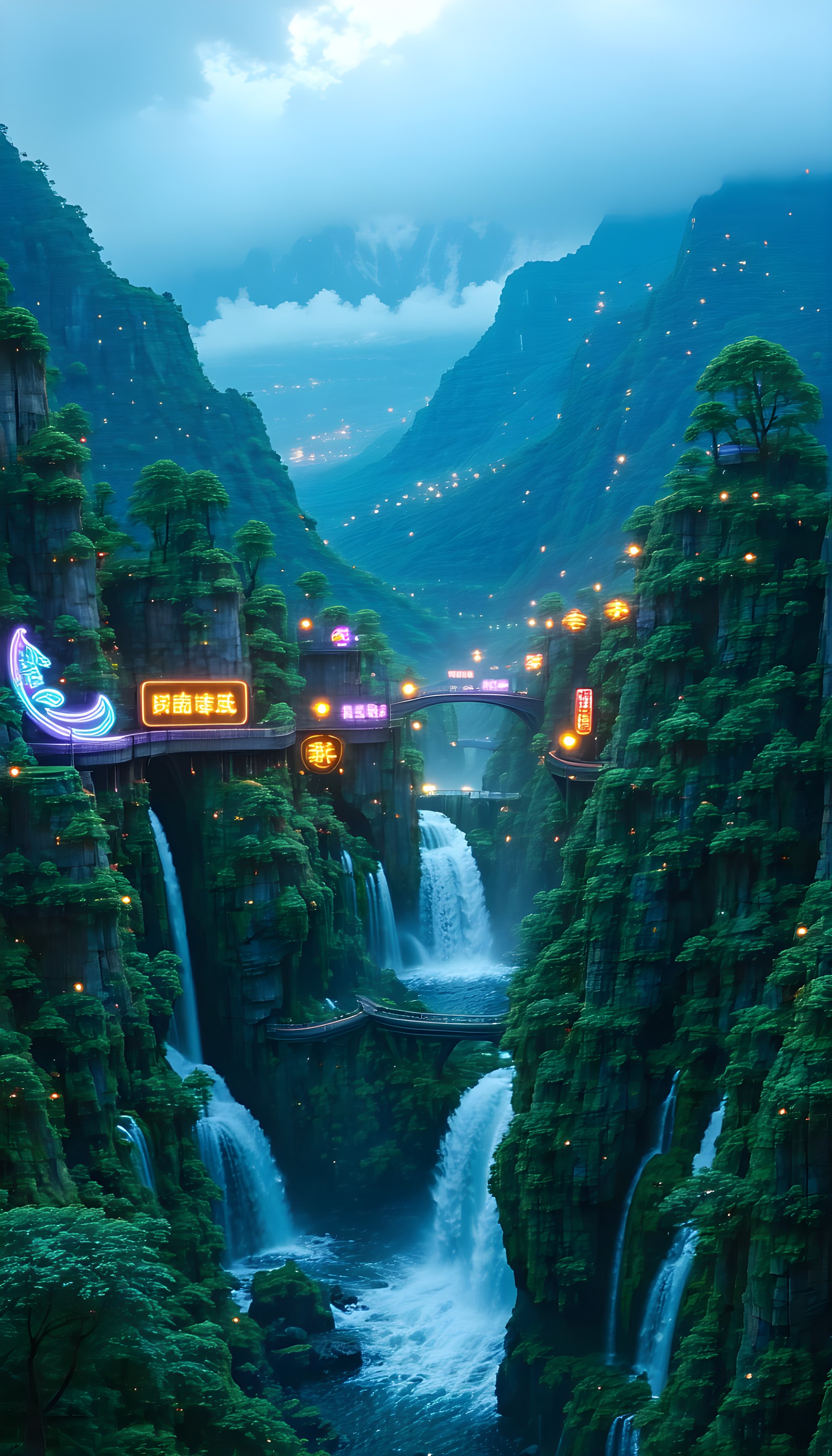 Enchanted Valley Waterfalls Neon Fantasy Wallpaper, fantasy, waterfall, mountain, valley, neon, mystical