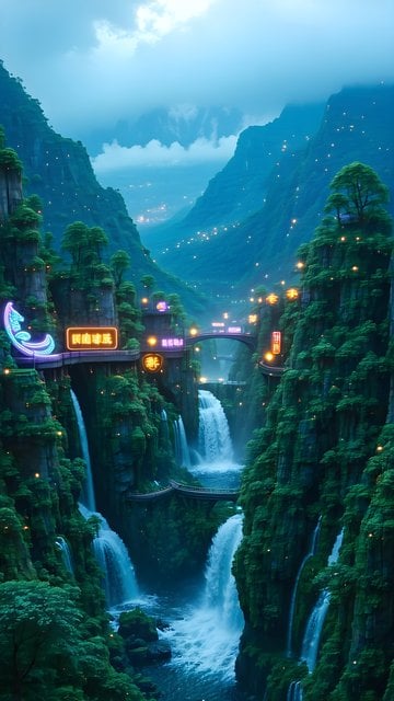 Enchanted Valley Waterfalls Neon Fantasy Wallpaper