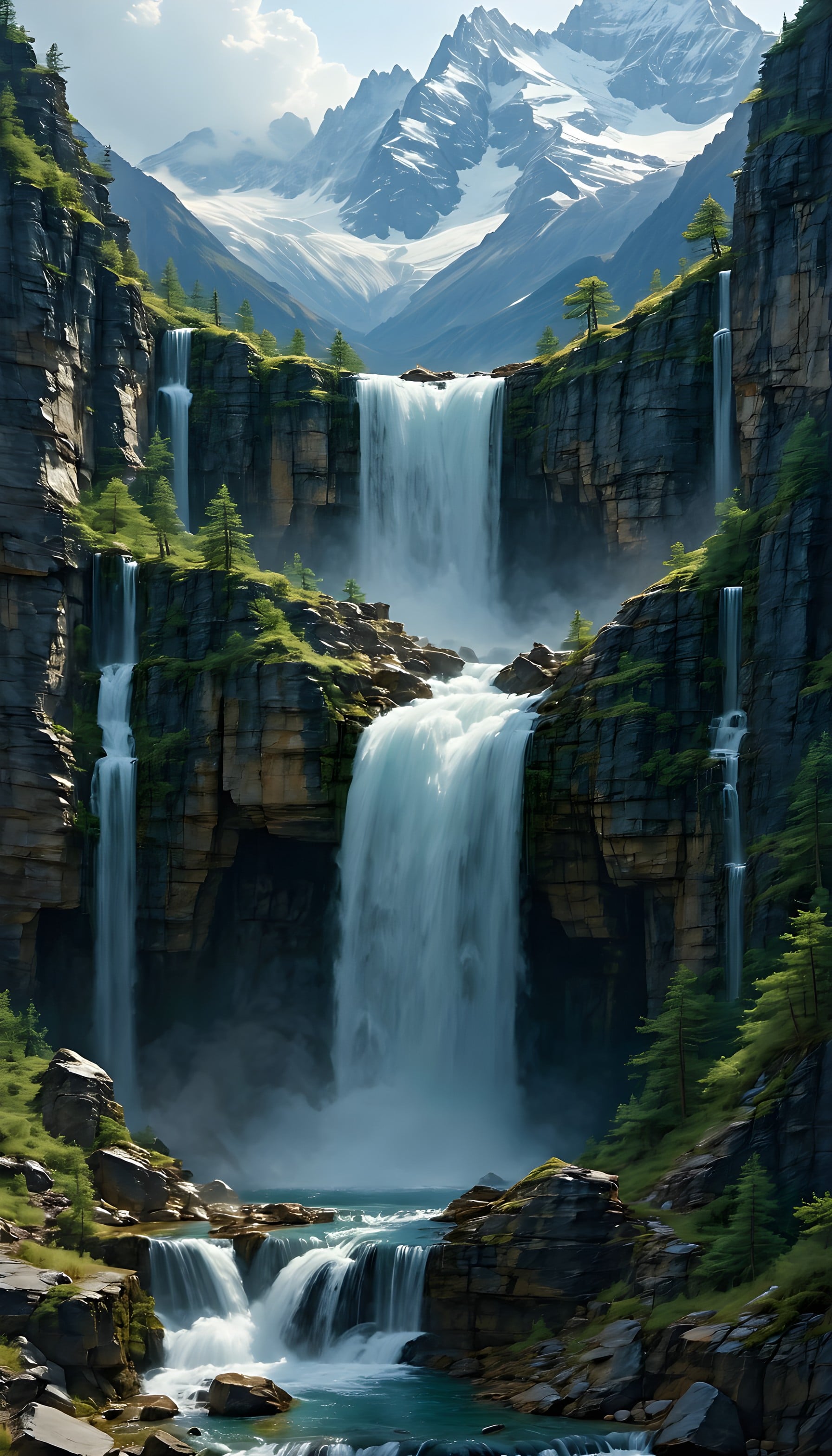 Grand Mountain Waterfalls Valley Mobile Wallpaper, waterfall, mountains, nature, landscape, alpine, scenic