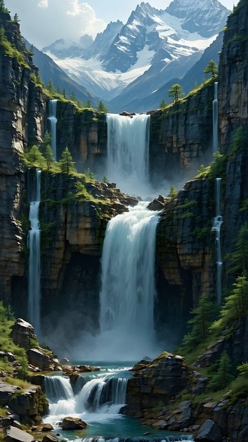 Grand Mountain Waterfalls Valley Mobile Wallpaper