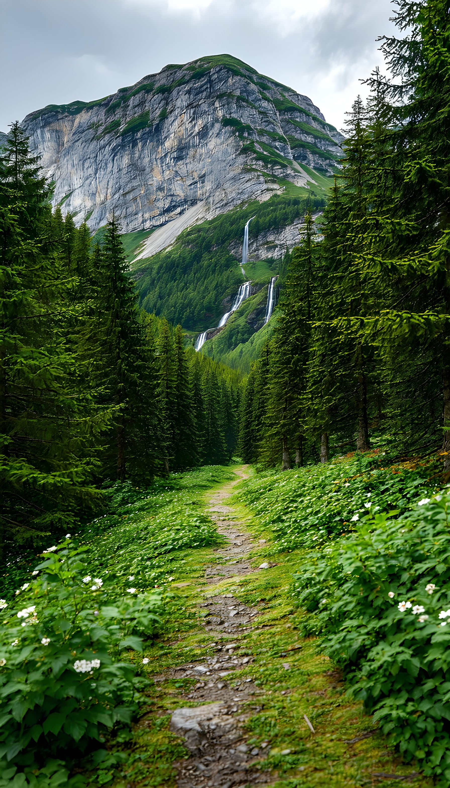 Lush Forest Path to Majestic Mountain Waterfalls, mountain, forest, waterfall, path, nature, landscape