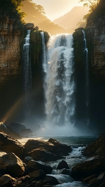 Majestic Golden Hour Waterfall Cliffs Mobile Wallpaper