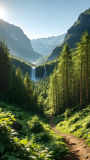 Sunlit Mountain Waterfall Valley Path