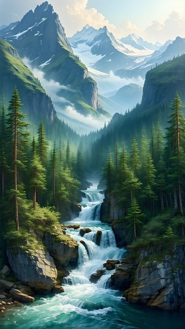 Cascading Waterfall Mountain Valley Phone Wallpaper