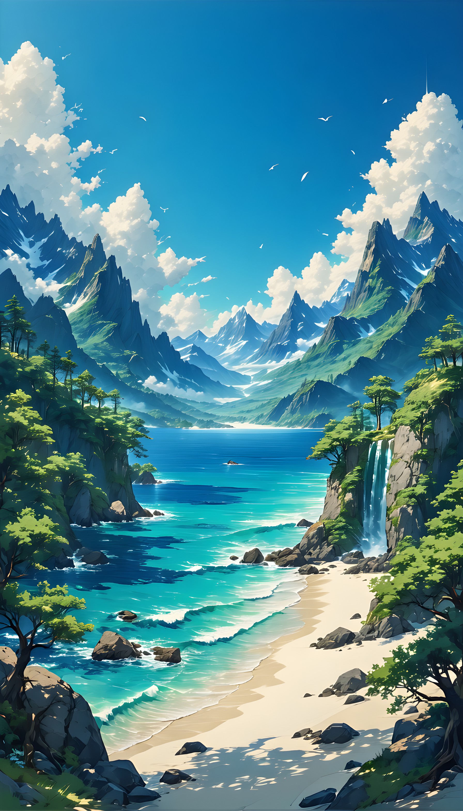 Vibrant Anime Landscape: Beach, Waterfall & Mountains, anime landscape, vibrant nature, tropical beach, waterfall, majestic mountains, clear blue sky