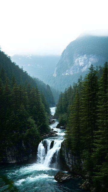Misty Forest Waterfall River Valley Mobile Wallpaper