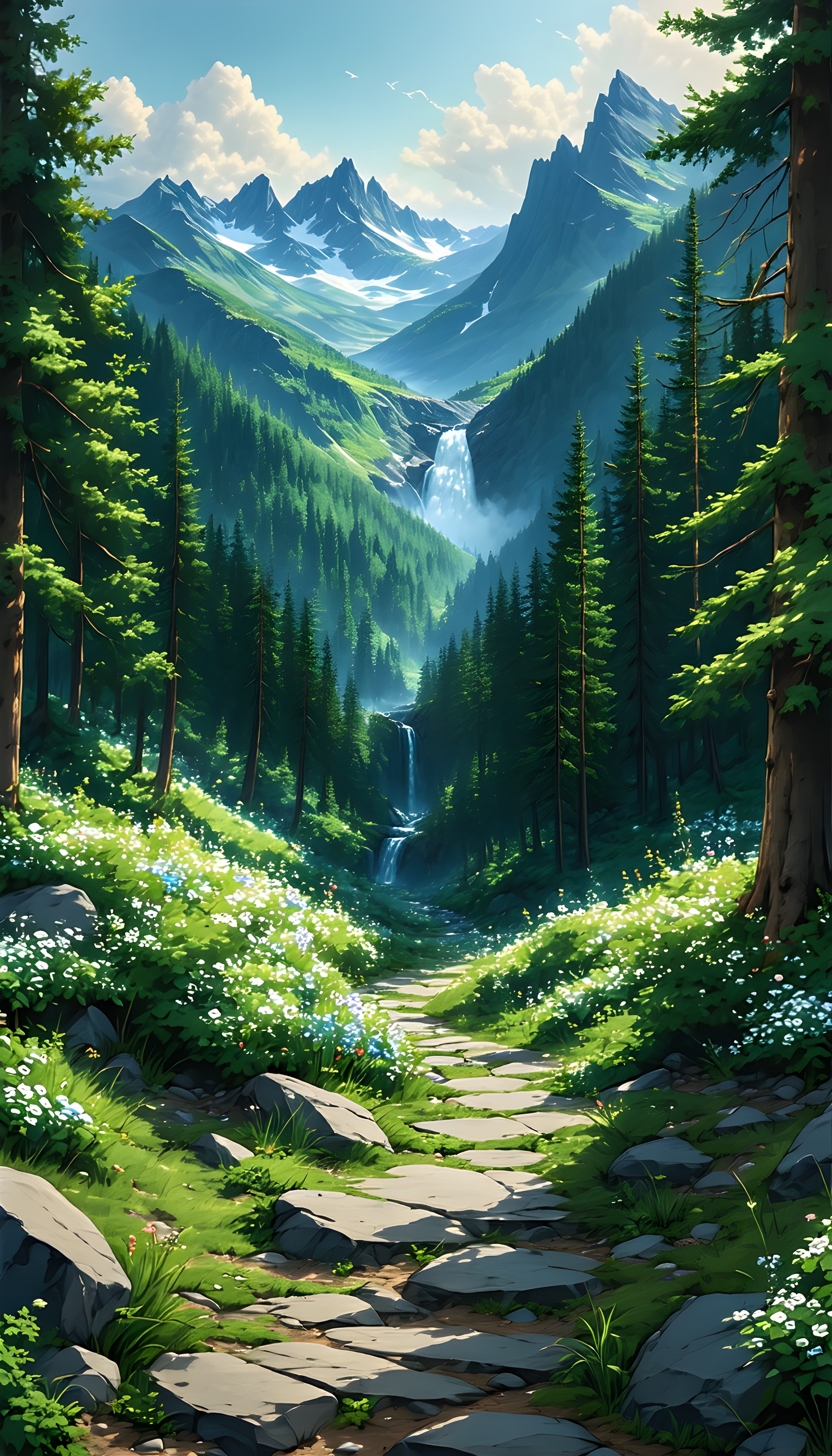 Lush Forest Path to Mountain Waterfall Valley, mountain, waterfall, forest, path, nature, landscape