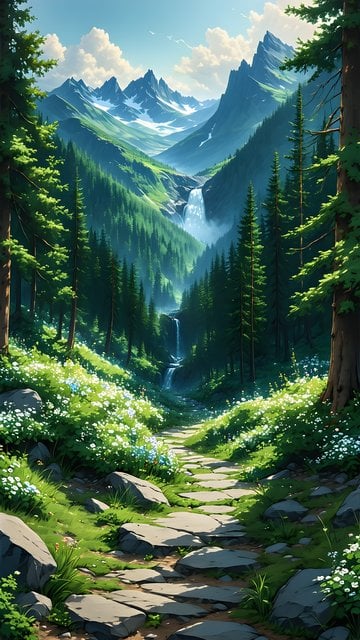 Lush Forest Path to Mountain Waterfall Valley