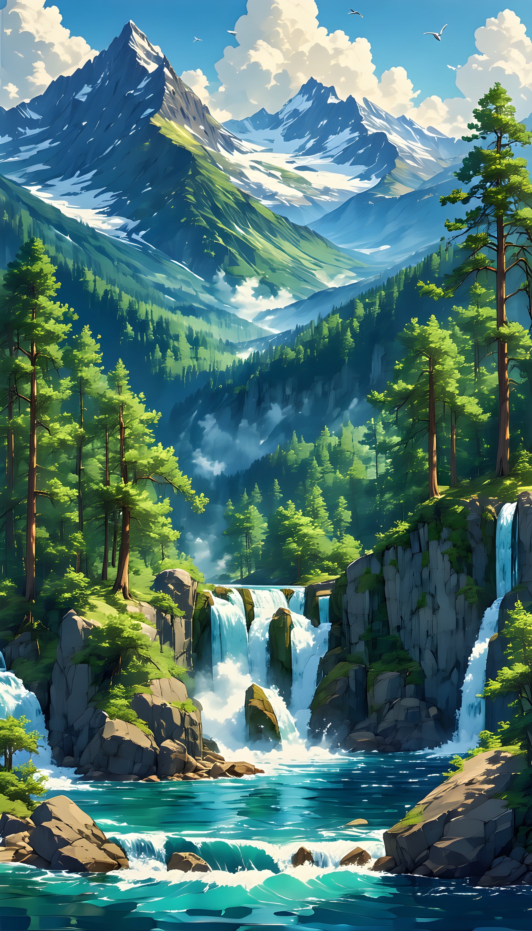 Vibrant Forest Waterfalls & Majestic Mountains, mountain wallpaper, waterfall, forest, nature, landscape, vibrant