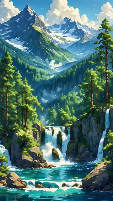 Vibrant Forest Waterfalls & Majestic Mountains