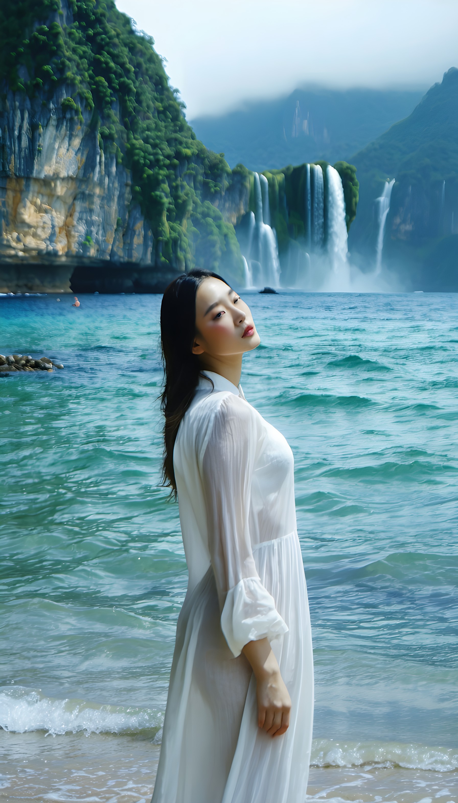 Serene Woman on Tropical Beach with Waterfalls, woman, tropical beach, waterfall, ocean view, paradise island, serene nature
