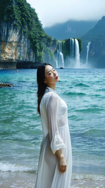 Serene Woman on Tropical Beach with Waterfalls
