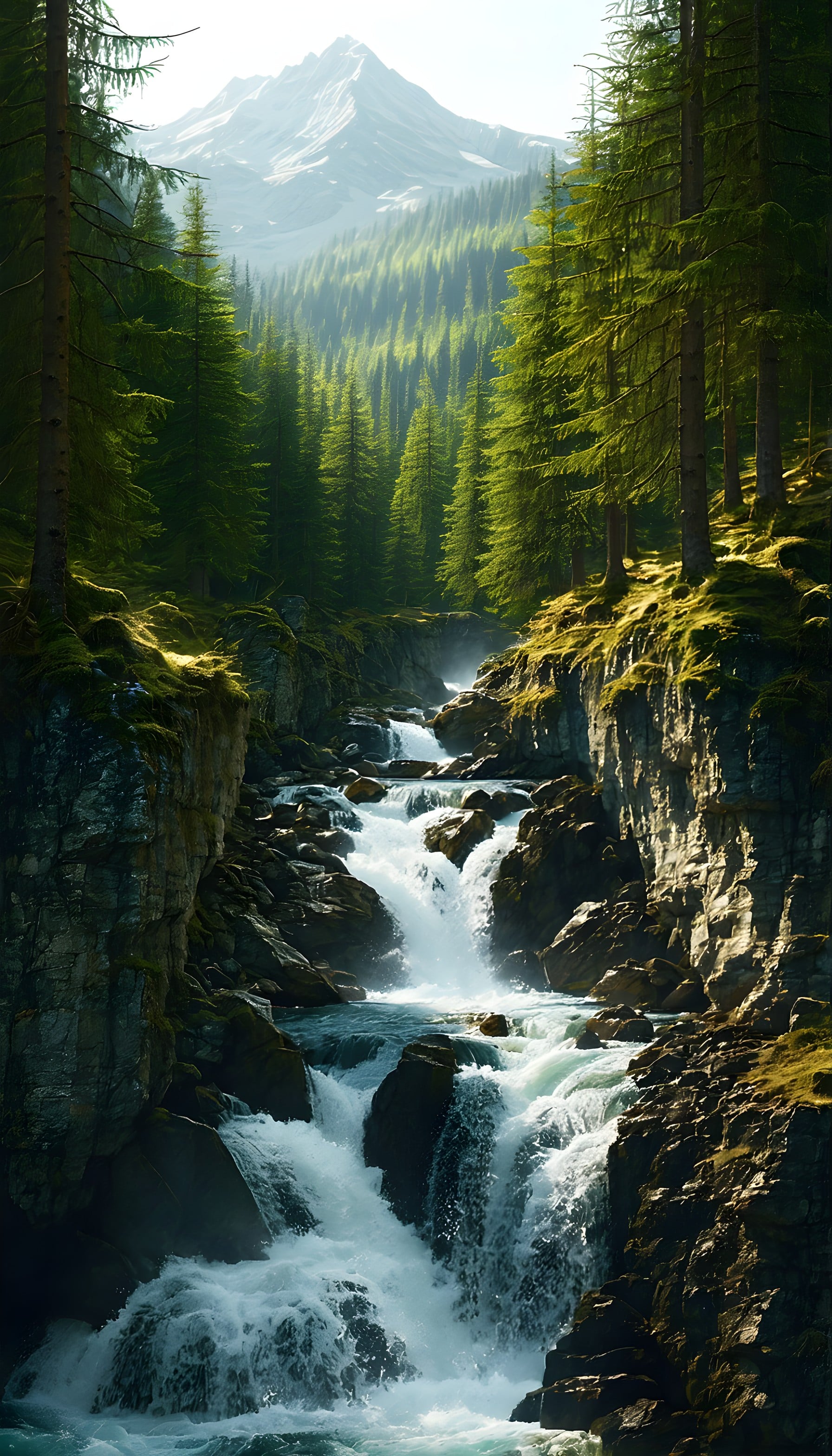 Majestic Alpine Waterfall Forest Phone Wallpaper, waterfall, mountain, forest, nature, alpine, landscape