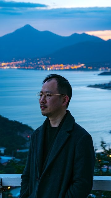 Twilight Serenity: Man Overlooking City Lights & Sea