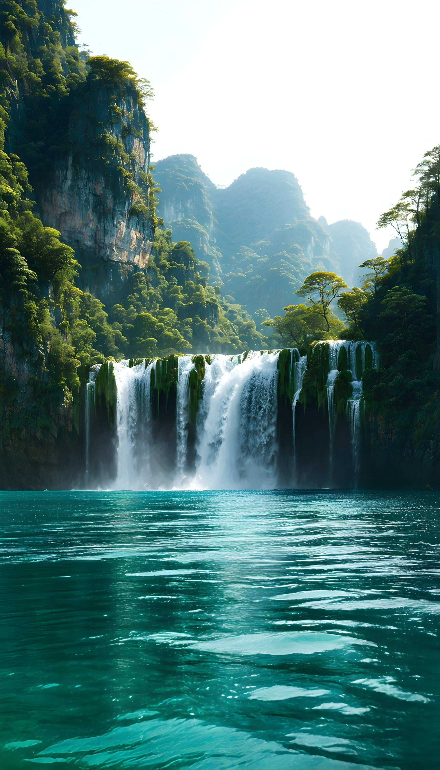 Vibrant Waterfall & Turquoise Lake Mobile Background, waterfall, jungle, tropical, lake, mountains, nature
