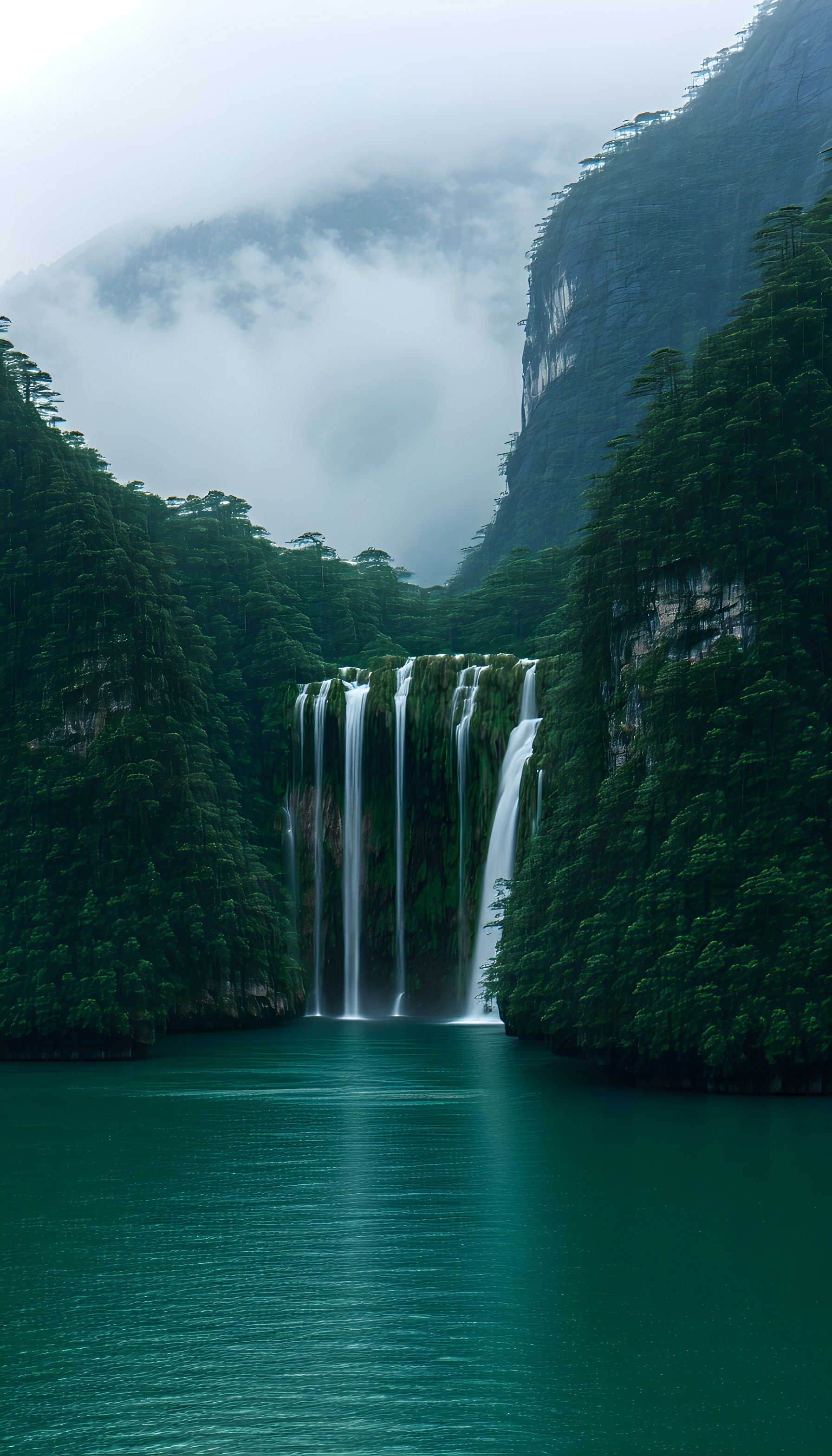 Misty Jungle Waterfall Emerald Lake Nature Wallpaper, waterfall, jungle, nature, misty mountains, serene landscape, emerald lake