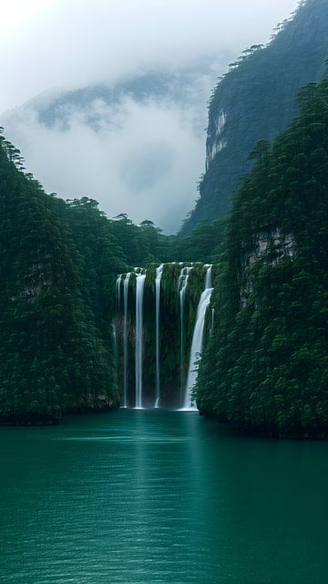 Misty Jungle Waterfall Emerald Lake Nature Wallpaper