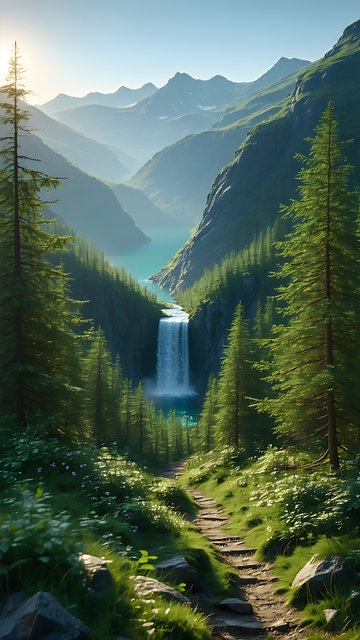 Sunlit Mountain Valley Waterfall & Forest Path Wallpaper