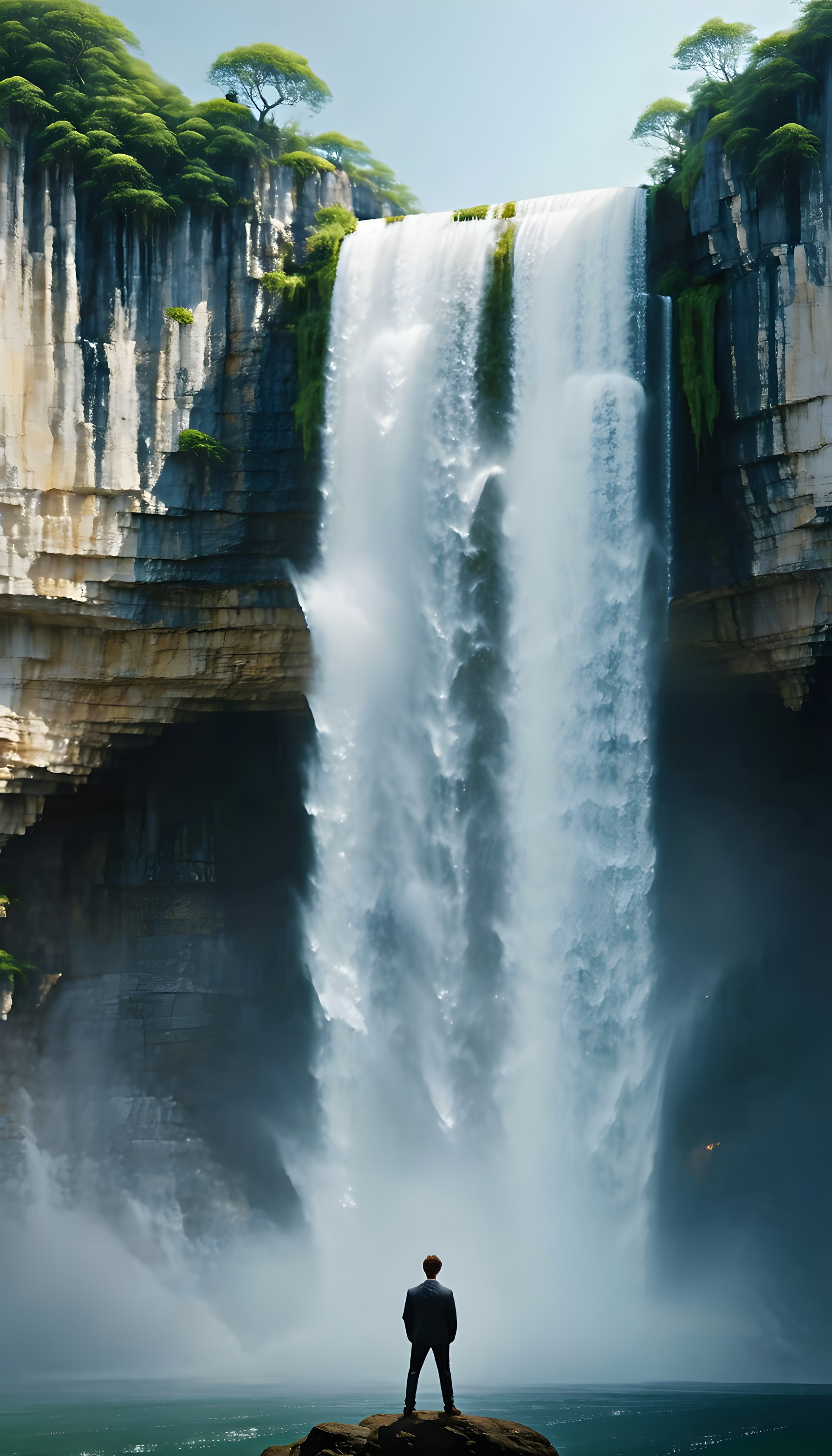 Majestic Waterfall Vista with Man | Nature's Grandeur, waterfall, nature, majestic, cliffs, lush green, solitude