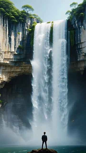 Majestic Waterfall Vista with Man | Nature's Grandeur